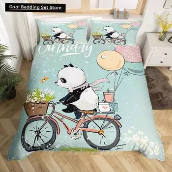 Полный комплект постельного белья Panda King для детей, романтический комплект постельного белья, пододеяльник с изображением животных из мультфильмов, велосипеда, воздушного шара, стрекозы, полиэстерового одеяла EU single(135x200cm)
