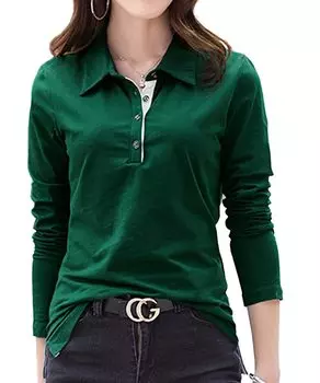 Polo Long Large Office M Green [three Joy] Женская рубашка, рукав, размер, повседневная, симпатичная, хлопок,