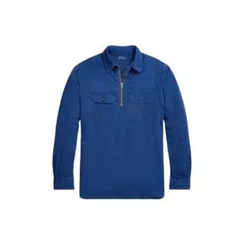 Polo Ralph Lauren Classic Fit Indigo Popover Workshirt Solid Color Pullover Stand воротник Half Button Long Sleeve Shirt Men Shirts MNPOWOV16823-435 S