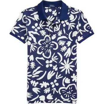 Polo Ralph Lauren Футболка поло с цветочным принтом, вышивкой логотипа пони, коротким рукавом, женская, топы, темно-синий, WMPOKNINC020019-410 M