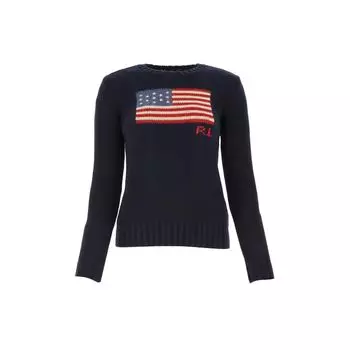 Polo Ralph Lauren FW21 Логотип Принт Круглый Вырез Вязаный Джемпер Женский свитер Синий 211662510-001 XL