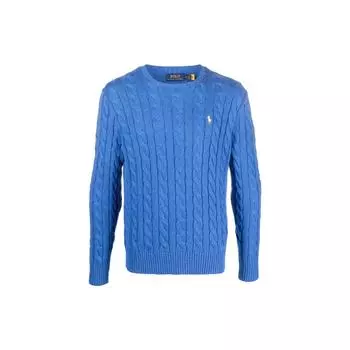 Polo Ralph Lauren FW22 Однотонный свитер с вышитым маленьким пони, вязаный косами, с круглым вырезом и длинными рукавами, мужской свитер, синий 710775885-037 L