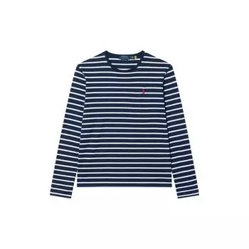 Polo Ralph Lauren Logo Вышитый Полосатый Круглый вырез Футболка Повседневная Длинный рукав Мужские Топы Синий 710883732-001 S