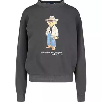 Polo Ralph Lauren однотонный узор с буквами и медведем, круглый вырез, заниженная линия плеча, длинный рукав, женская толстовка, цвет черный, 211941193-001 S