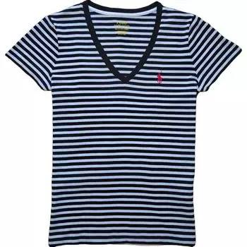 Polo Ralph Lauren Полосатый логотип Вышитый V-образный вырез короткий рукав футболка женские футболки черный белый 211698035-045 XS