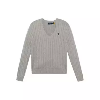 Polo Ralph Lauren Solid Logo Вышитый V-образный вырез Трикотажный свитер Женский свитер Светло-серый 211570011-060 L