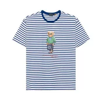 Polo Ralph Lauren SS22 Cartoon Bear Striped T-Shirt Short Sleeve T-Shirt Men Tops Blue 710863010-001 M