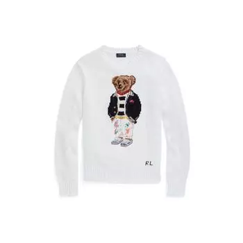 Polo Ralph Lauren Ss22 Медвежий Принт Круглый Вырез Длинный Рукав Вязаный Свитер Женский Свитер Белый RL22823-100 XS