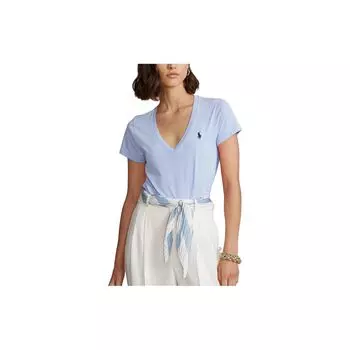 Polo Ralph Lauren Ss23 Логотип Вышитый Однотонный Пуловер V-образный вырез Футболка с коротким рукавом Женские Топы Синий 211682523101 XS