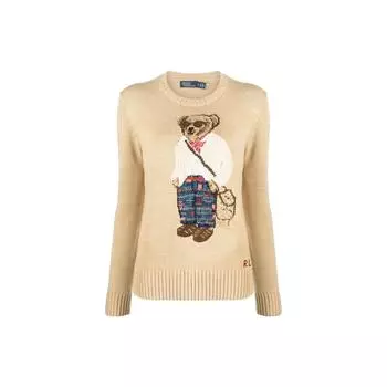 Polo Ralph Lauren SS23 Медведь вышитый круглый вырез длинный рукав свитер женский свитер бежевый 211891880-001 S