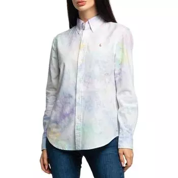 Polo Ralph Lauren SS24 Футболка Оксфорд с длинным рукавом с вышивкой логотипа маленькой пони в технике тай-дай Женские рубашки Белый 211792494-001 XXS