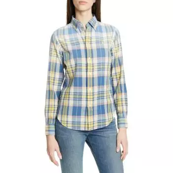 Polo Ralph Lauren SS24 Клетчатая рубашка с вышивкой пони с длинным рукавом Женские рубашки Синий Желтый 211744734-001 XS