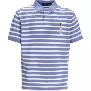 Polo Ralph Lauren Ss24 Логотип Мультяшный Узор Полосатый Принт Рубашка Поло с Коротким Рукавом Мужские Рубашки Поло Синий 710941863-001 XS