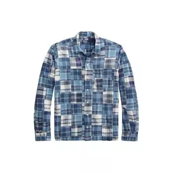 Polo Ralph Lauren SS24 Лоскутная клетчатая рубашка с длинным рукавом и принтом, мужские рубашки, синяя 710934692-001 XL