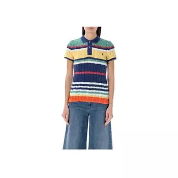 Polo Ralph Lauren трикотажная полосатая рубашка поло с коротким рукавом на пуговицах для женщин, топы средне-синего цвета 211943043-004 S