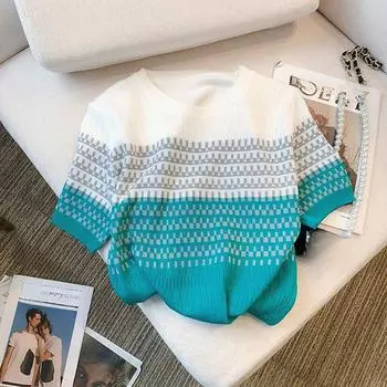 Полосатый свитер Ice Silk, женская летняя свободная тонкая футболка с короткими рукавами XL зелёный