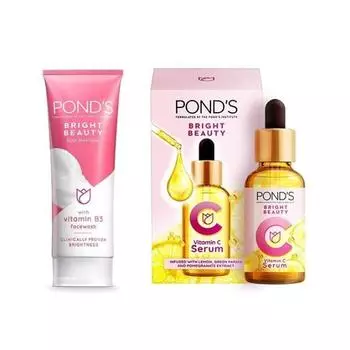 Ponds Glowing Skin Combo- Сыворотка для лица Ponds Bright Beauty с витамином С, 30 мл + Пенка для умывания Spot-less Glow с витаминами Ponds, 200 г