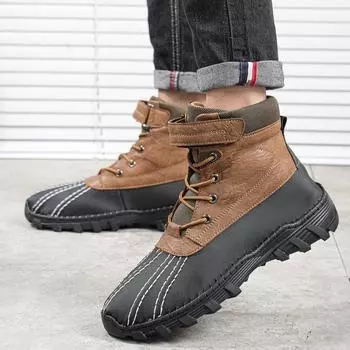 Pop Martin Boots Men s Leather High Top Crossover Large Size Winter New Fleece Thickened Tooling Boots 38 чёрный