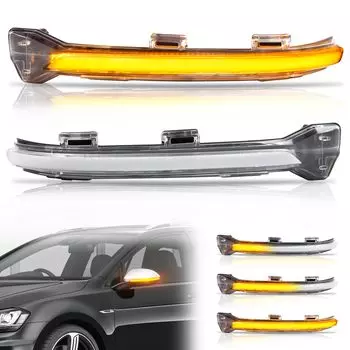 POPMOTORZ Golf 7 Светодиодный указатель поворота на зеркале заднего вида, последовательный, прозрачный, для высокой подлинной замены, простой в установке, оранжевый, комплект из левого и правого, 7,5 ламп, линза, V-W,