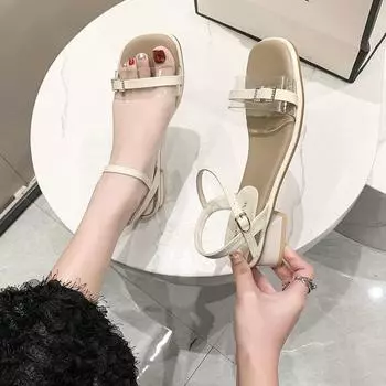 Popular word with transparent sandals female 2025 summer new open-toed square head middle heel fairy style thick heel Roman shoes 34