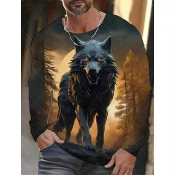 Популярная футболка серии Animal Wolf с 3D-принтом для мужчин, уличная верхняя одежда, повседневные футболки с длинным рукавом и круглым вырезом S