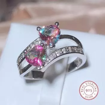 Популярное красочное двойное кольцо в форме любви с семицветным цирконием, женское кольцо 925 со штампом, подарок на день Святого Валентина, свадебное предложение, ювелирные изделия 5 белый