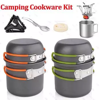Portable Camping Cookware Set With Foldable Spoon Fork Knife Cup Outdoor Pot Mini Gas Stove Sets Nature Hike Picnic Cooking Set зелёный