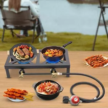 Portable Double Burner Outdoor Gas Stove Propane Cooker with Adjustable 0-10Psi Regulator Hose for Camping, BBQ, Home Brewing United States