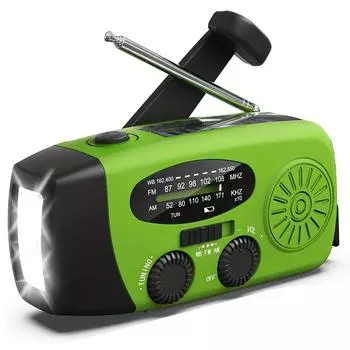 Portable Emergency Hand Radio with LED Flashlight and AM/FM Radio USB Rechargeable, Solar Powered, Camping, Hiking, Outdoor Adventure зелёный