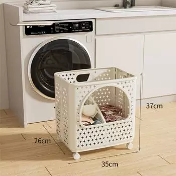 Portable Foldable Laundry Hamper with Wheels Dirty Clothes Basket Home Use Beige-1Layer