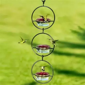 Portable Round Hanging Hummingbird Feeder Stackable with Metal Frame and Plastic Bowl for Outdoor Garden Backyard Patio Trees