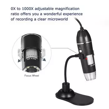 Портативная и настольная лупа с цифровым зум-микроскопом, USB, камера 0,3 МП, 8 светодиодов, 1000X чёрный