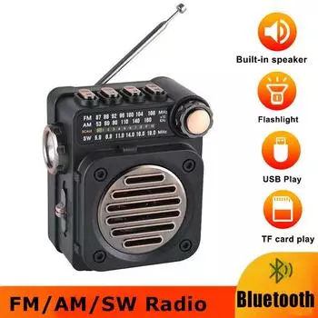 Портативное FM-радио, мини-карманный FM AM SW радиоприемник, встроенный динамик, беспроводной Bluetooth 5.0, музыкальный плеер со светодиодным фонариком чёрный