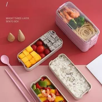 Портативный детский ланч-бокс Bento из 3-слойной пшеничной соломы для микроволновки с посудой, герметичный контейнер для хранения продуктов в микроволновке розовый