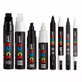 POSCA 8 шт. в упаковке (ПК-17К, ПК-8К, ПК-5М, ПК-3М) Черно-белый от среднего до большого размера