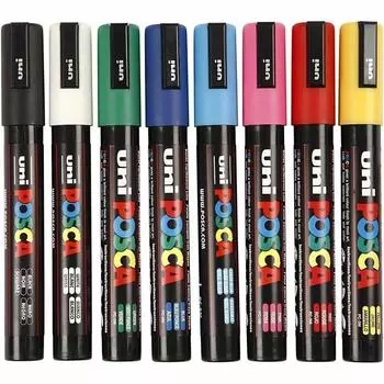 Posca Uni-Ball PC-5M [набор из 8 ручек] включает по 1 ручке каждого вида: черная, белая, розовая, красная, желтая, зеленая, синяя и светло-голубая