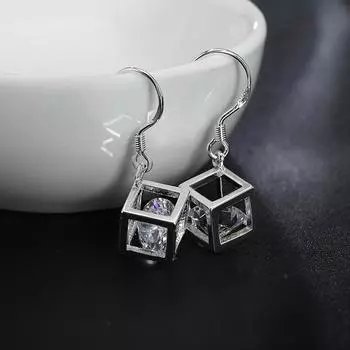 Посеребренные серьги Серебряные серьги S925 серебряные серьги с кристаллами циркона и геометрической решетчатой кубической решеткой