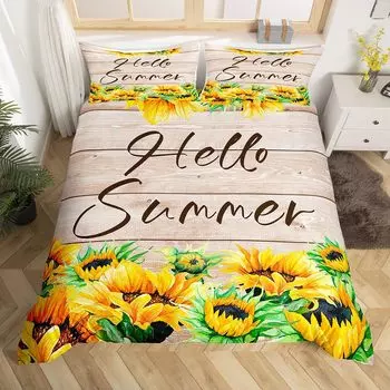 Постельное белье Hello Summer с желтым подсолнухом, пододеяльник в фермерском стиле с коричневой полосой и старой деревянной дверью с зелеными листьями, комплекты постельного белья EU Single(135x200cm)