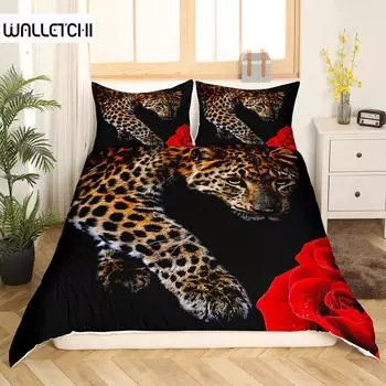 Постельное белье с леопардовым принтом King Queen Full Cheetah, комплект постельного белья, пододеяльник с изображением животных африканской саванны, покрывало из полиэстера с цветком розы EU single(135x200cm)