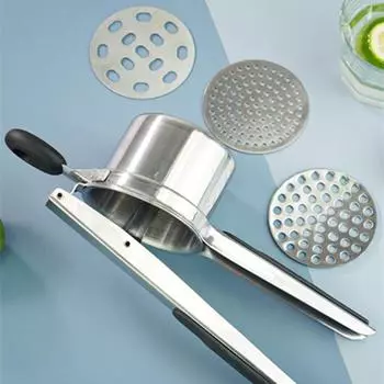 Potato Masher with 3 Interchangeable Discs & Silicone Grip Handles, Stainless Steel Potato Masher, Juicer Vegetable Strainer Kitchen Gadget
