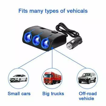 Power Adapter USB Car Charger Socket Splitter With Cable Power Adapter 3 Way Blue Car DC 12V - 24V For Many Types CHINA