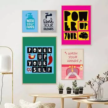 Power Up Yourself цитата холст картина мультфильм будущее письмо Lowkey Lucky плакат мыть руки ванная комната настенные панно Декор