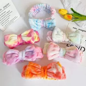 Повязка на голову Tie Dye Spa с бантом для женщин, повязки для макияжа на лицо, мягкие коралловые флисовые повязки на голову для душа, головные уборы для мытья лица, аксессуары для волос #1