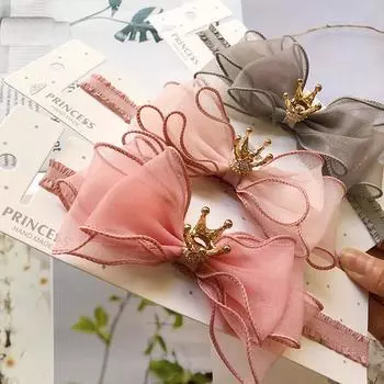 Повязки на голову с бантиками и короной для маленьких девочек, кружевная эластичная детская повязка принцессы для волос, детские аксессуары для волос светло-розовый