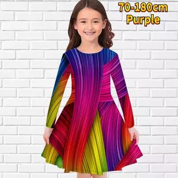 Повседневное платье для девочек с цветным принтом «Аврора» и круглым вырезом, длинными рукавами, детское платье принцессы