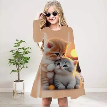 Повседневное платье для девочки с 3D-принтом и двумя кошками, с круглым вырезом и длинными рукавами, детское платье принцессы
