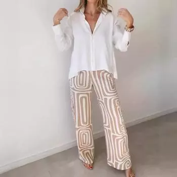 Повседневный костюм женский с цифровой печатью модная белая рубашка свободные брюки комплект из двух предметов женский винтажный праздничный костюм женская одежда XS хаки