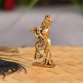 Позолоченная статуэтка Кришны, играющего на флейте - Металлическая статуэтка Кришны для приборной панели автомобиля - Религиозная статуэтка индуистского бога Кришны для Джанмаштами