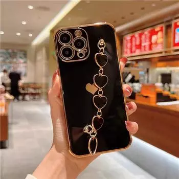 Позолоченный чехол-браслет с сердечком для iPhone 11 12Mini 13 14 Pro XR XS, мягкий противоударный бампер на SE2 SE3 7 8 Plus, мягкий чехол For 11 Pro Max