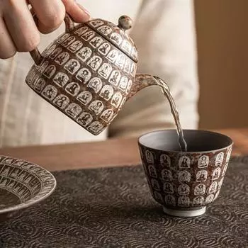 Позолоченный серебряный квадратный чайник «Десять тысяч Будд», китайский ретро-чайный сервиз, небольшой домашний чайник, керамическая посуда для кунг-фу